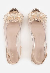 Renee - Szampańskie Przezroczyste Sandały VICES na Słupku Ozdobione Cyrkoniami Sarlisa. Zapięcie: sprzączka. Kolor: złoty. Materiał: satyna. Wzór: aplikacja. Obcas: na słupku #8