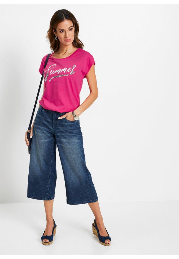 bonprix - Shirt z cekinami. Kolor: różowy. Wzór: napisy