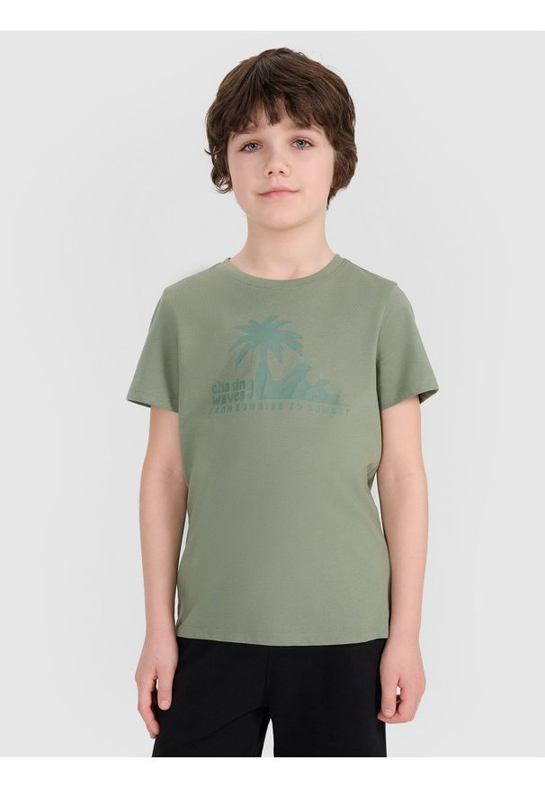 4f - 4F T-shirt regular z nadrukiem chłopięcy - turkusowy 164 (13-14 lat). Okazja: na co dzień. Kolor: turkusowy. Materiał: dzianina, bawełna, jersey. Długość rękawa: krótki rękaw. Długość: krótkie. Wzór: nadruk. Sezon: lato. Styl: klasyczny, sportowy, casual