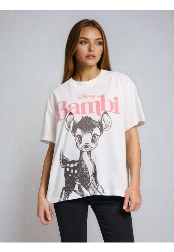 Sinsay - Bawełniana koszulka z nadrukiem Bambi - kremowy. Kolor: kremowy. Materiał: bawełna. Wzór: nadruk