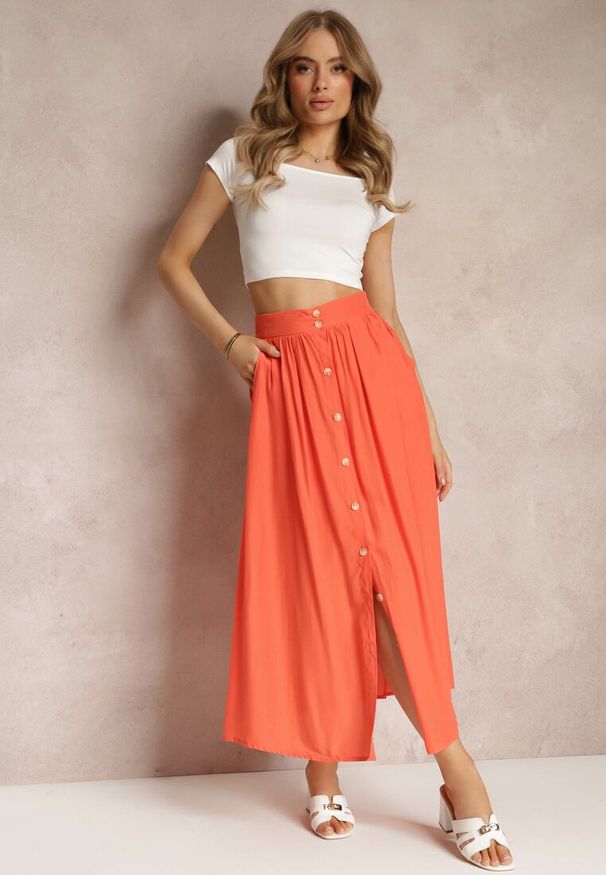 Renee - Pomarańczowa Rozkloszowana Spódnica Maxi z Gumką w Talii i Kieszeniami Kendrani. Okazja: na co dzień, na imprezę. Kolor: pomarańczowy. Styl: elegancki, casual