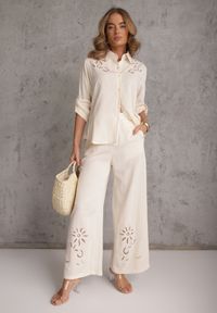 Renee - Beżowy Boho Komplet z Bawełną Koszula i Spodnie z Ażurowymi Zdobieniami Runesa. Kolor: beżowy. Materiał: bawełna. Wzór: aplikacja, ażurowy #2