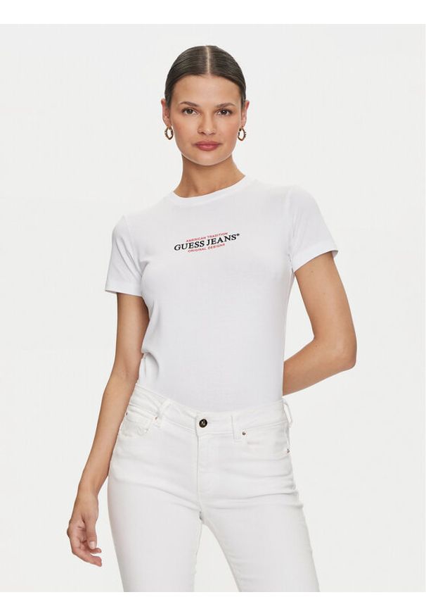 Guess Jeans T-Shirt W4YI03 J1314 Biały Slim Fit. Kolor: biały. Materiał: bawełna