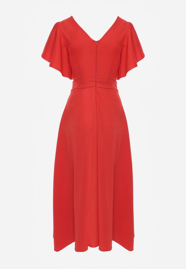 Renee - Czerwona Sukienka o Rozkloszowanym Kroju z Falbanami Bouchard. Typ kołnierza: dekolt w kształcie V. Kolor: czerwony. Materiał: tkanina. Wzór: jednolity, gładki. Styl: klasyczny, wizytowy. Długość: maxi