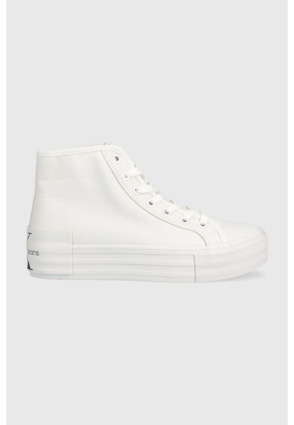 Calvin Klein Jeans trampki VULC FLATFORM BOLD ESSENTIAL damskie kolor biały YW0YW01031. Nosek buta: okrągły. Zapięcie: sznurówki. Kolor: biały. Materiał: materiał, włókno, guma. Szerokość cholewki: normalna