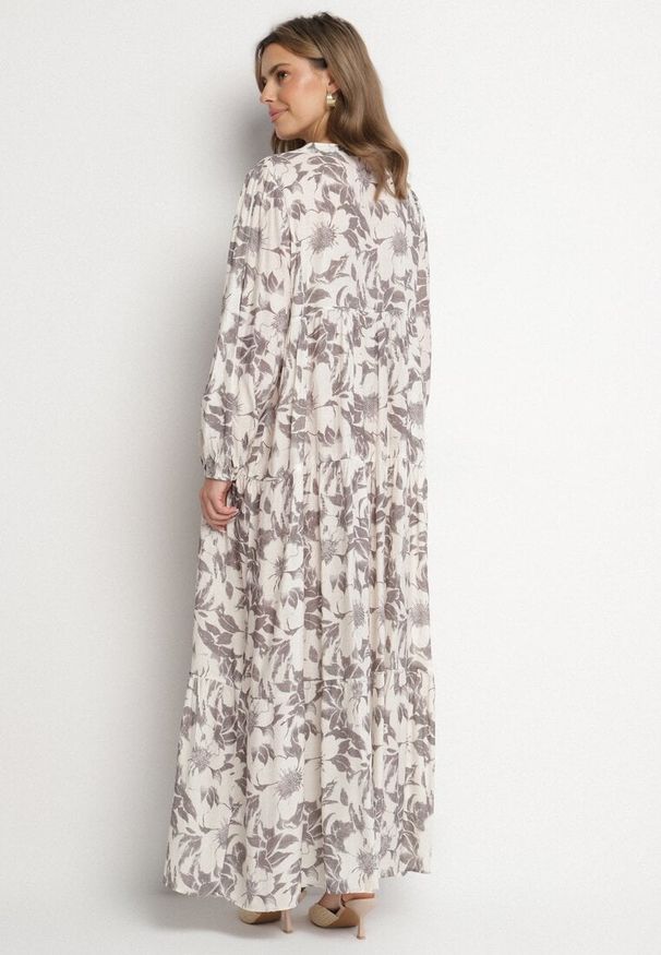 Born2be - Szara Bawełniana Sukienka o Rozkloszowanym Kroju w Kwiaty Efadora. Okazja: na co dzień. Kolor: szary. Materiał: bawełna. Wzór: kwiaty. Styl: casual, elegancki