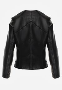 Born2be - Czarna Kurtka Ramoneska Taliowana bez Kołnierzyka w Motocyklowym Stylu Nelaswenna. Okazja: na co dzień. Typ kołnierza: bez kołnierzyka. Kolor: czarny. Materiał: poliester, jeans. Wzór: gładki. Styl: casual, elegancki #2