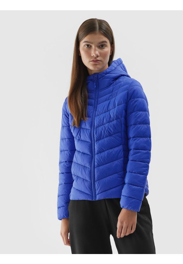 4f - Kurtka puchowa z wypełnieniem z recyklingu damska - kobaltowa. Kolor: niebieski. Materiał: puch. Wzór: gładki