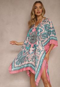 Renee - Różowo-Niebieskie Ponczo Narzutka z Wiskozy i Jedwabiu w Stylu Boho Acera. Kolor: różowy. Materiał: jedwab, wiskoza. Sezon: lato. Styl: boho