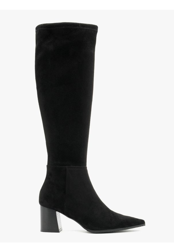 Ryłko - Czarne kozaki z szeroką cholewką JASMINE. Zapięcie: zamek. Kolor: czarny. Materiał: tkanina. Szerokość cholewki: szeroka. Obcas: na obcasie. Wysokość obcasa: średni