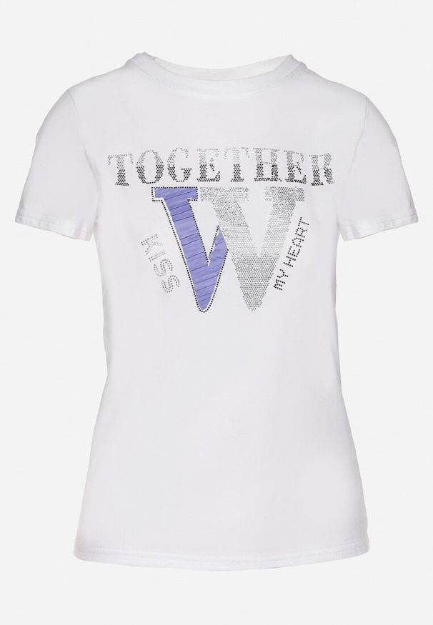 Born2be - Biały T-shirt z Bawełny Ozdobiony Napisem i Cyrkoniami Raltebis. Okazja: na co dzień. Kolor: biały. Materiał: bawełna. Wzór: aplikacja, napisy. Sezon: lato, wiosna. Styl: klasyczny, casual