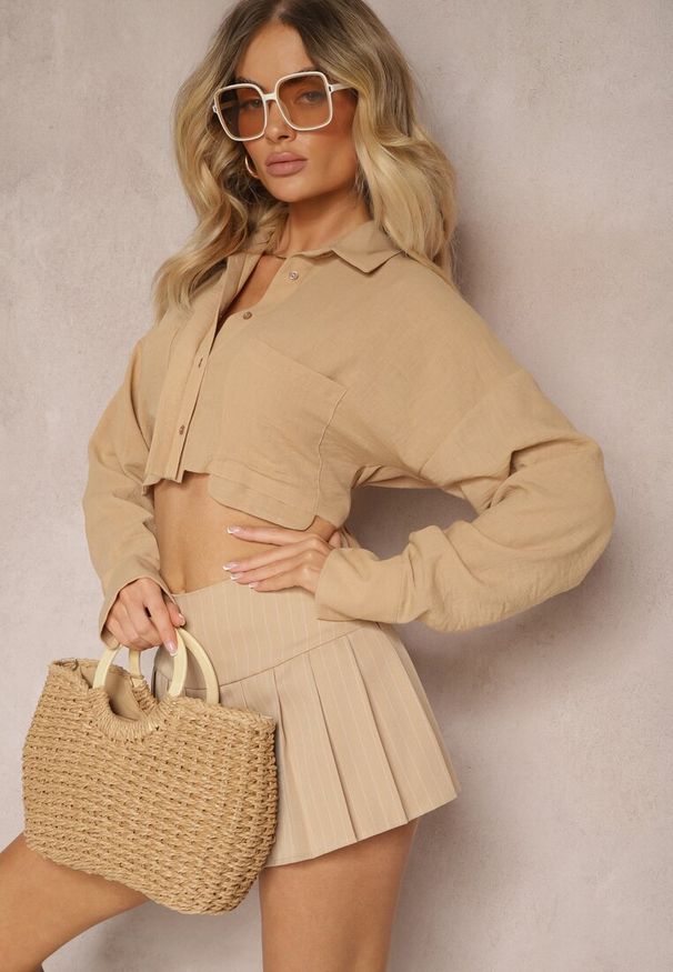 Renee - Beżowa Casualowa Krótka Koszula Zapinana na Guziki Tiamavona. Okazja: na co dzień. Kolor: brązowy. Długość: krótkie. Styl: casual