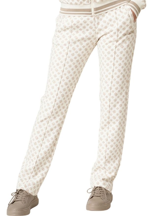 Guess - GUESS Beżowe spodnie damskie z monogramem, Rozmiar XS. Kolor: beżowy. Styl: elegancki