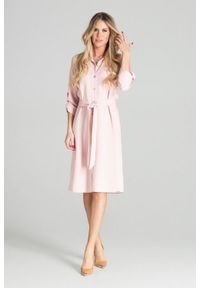 Figl - Koszulowa sukienka szmizjerka z podpinanym rękawem 3/4 różowa. Okazja: na imprezę, do pracy, na uczelnię. Kolor: różowy. Typ sukienki: szmizjerki, koszulowe #3