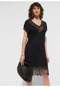 bonprix - Prześwitująca sukienka plażowa z wiskozy. Okazja: na plażę. Kolor: czarny. Materiał: wiskoza #1