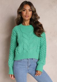 Renee - Zielony Wełniany Sweter w Warkoczykowy Splot Kestina. Kolor: zielony. Materiał: wełna. Wzór: ze splotem. Styl: klasyczny #1