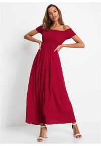 bonprix - Sukienka z przeszyciem cienkimi gumkami. Typ kołnierza: typu carmen. Kolor: czerwony. Styl: elegancki