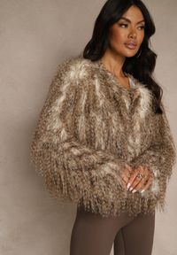 Renee - Brązowa Kurtka Futerko Ozdobione Cieniowaniem Tusirra. Kolekcja: plus size. Kolor: brązowy. Materiał: futro. Wzór: aplikacja. Styl: elegancki #1