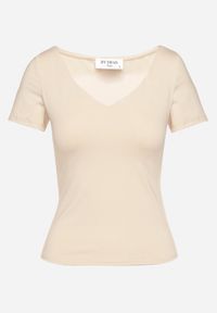 Born2be - Jasnobeżowy T-shirt z Wiskozą o Dopasowanym Kroju z Dekoltem w Serek Folarisse. Typ kołnierza: dekolt w serek. Kolor: beżowy. Materiał: wiskoza #7