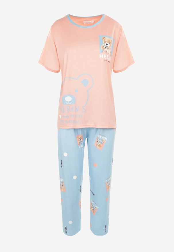 Born2be - Różowy Komplet Piżamowy 2-Częściowy Hyramia. Kolekcja: plus size. Kolor: różowy. Materiał: bawełna, tkanina, futro. Długość: krótkie. Wzór: nadruk, aplikacja