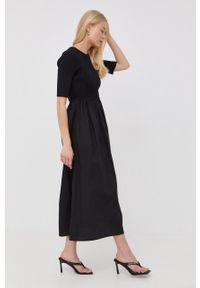 GESTUZ - Gestuz sukienka kolor czarny midi rozkloszowana. Kolor: czarny. Materiał: bawełna, materiał, wiskoza, dzianina. Długość rękawa: krótki rękaw. Typ sukienki: rozkloszowane. Długość: midi #6