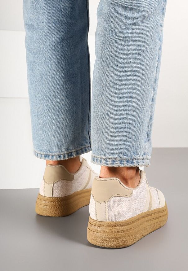 Born2be - Ciemnobeżowe Sneakersy na Platformie w Stylu Kultowych Tenisówek Gonoriel. Okazja: na co dzień. Kolor: beżowy. Materiał: jeans. Obcas: na platformie