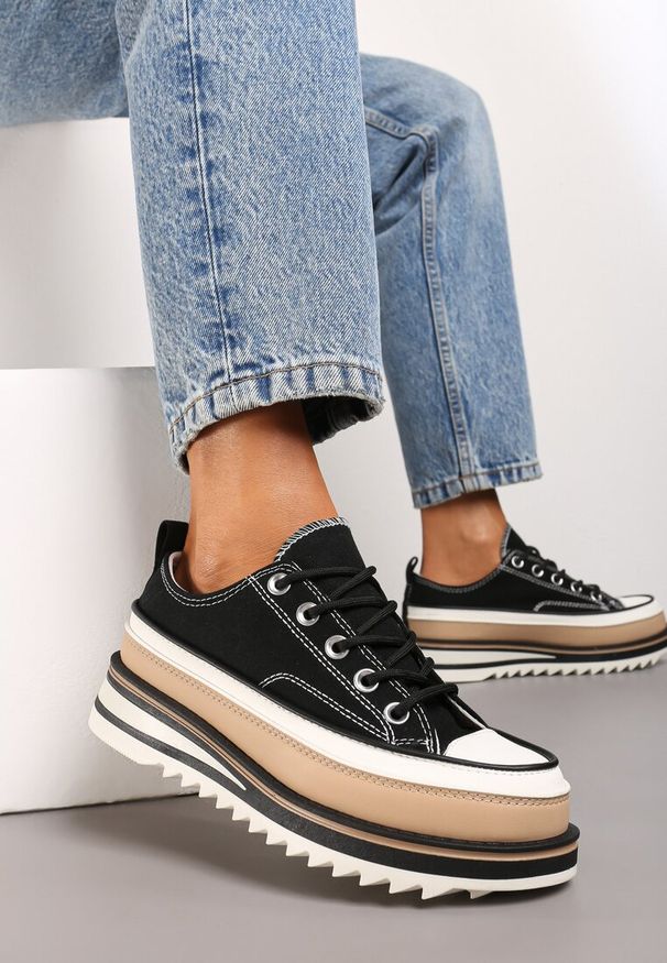 Born2be - Czarne Sznurowane Trampki na Grubej Podeszwie Moonnella. Okazja: na co dzień. Kolor: czarny. Materiał: jeans. Styl: elegancki, casual