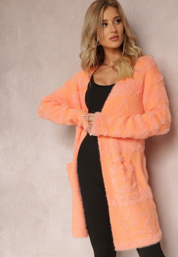 Renee - Pomarańczowy Długi Kardigan Puszysty Aborra. Kolekcja: plus size. Kolor: pomarańczowy. Materiał: tkanina, dzianina. Długość: długie. Wzór: aplikacja