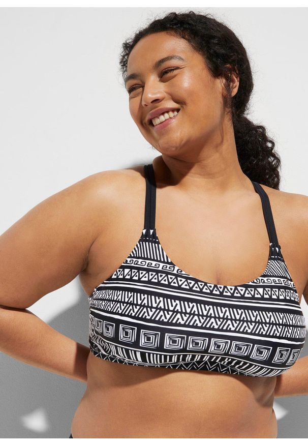 bonprix - Tankini z górą typu bustier (komplet 3 cz.). Kolor: czarny. Długość rękawa: na ramiączkach. Wzór: nadruk