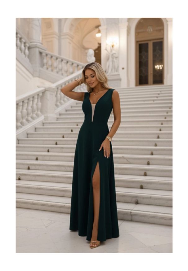 Numoco - Długa sukienka wieczorowa rozkloszowana butelkowa zieleń. Okazja: na wesele, na studniówkę, na imprezę, na ślub cywilny. Styl: wizytowy. Długość: maxi