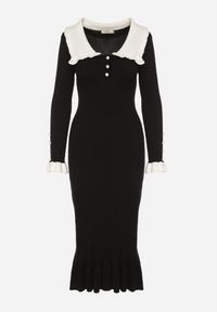 Born2be - Czarna Dzianinowa Sukienka Retro z Wiskozą z Kołnierzykiem i Falbanami Hanlira. Okazja: na co dzień. Kolor: czarny. Materiał: dzianina, wiskoza. Styl: retro #7