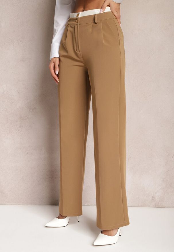 Renee - Jasnobrązowe Spodnie Garniturowe High Waist z Przeszyciami Variola. Stan: podwyższony. Kolor: brązowy. Styl: klasyczny