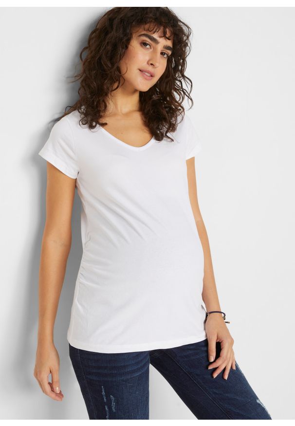bonprix - Shirt ciążowy basic (2 szt.), bawełna organiczna. Typ kołnierza: dekolt w serek. Kolekcja: moda ciążowa. Kolor: czarny. Materiał: bawełna. Wzór: gładki