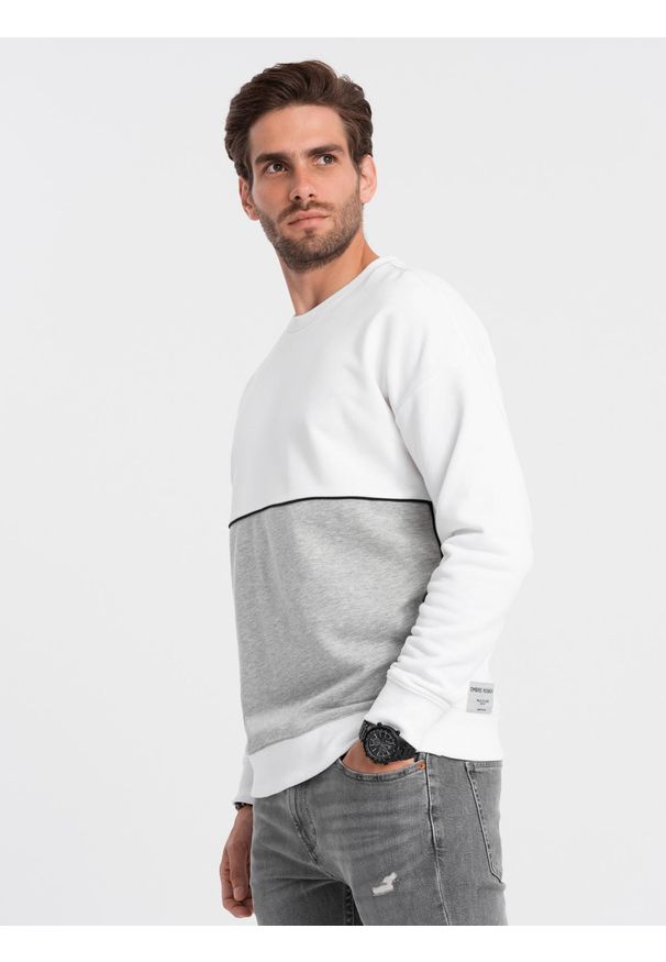 Ombre Clothing - Bluza męska OVERSIZE z kontrastowym łączeniem kolorów - biało-szara V1 - Rozmiar: XXL. Okazja: na co dzień. Kolor: szary. Materiał: tkanina, poliester, bawełna, jeans. Wzór: aplikacja. Styl: casual, elegancki, sportowy