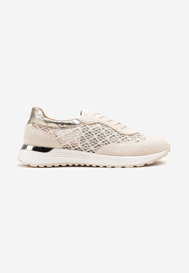 Born2be - Beżowe Sneakersy na Piankowej Podeszwie z Ażurową Cholewką Rineora. Okazja: na co dzień. Nosek buta: okrągły. Zapięcie: sznurówki. Kolor: beżowy. Materiał: jeans. Szerokość cholewki: normalna. Wzór: ażurowy