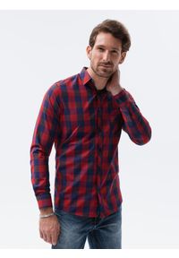 Ombre Clothing - Koszula męska w kratę z długim rękawem - czerwono-granatowa. Kolor: czerwony. Materiał: poliester, bawełna. Długość rękawa: długi rękaw. Długość: długie. Styl: klasyczny