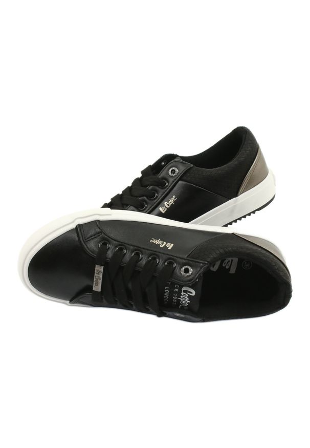 Buty trampki Lee Cooper W LCJL-20-31-041 czarne złoty. Kolor: czarny, wielokolorowy, złoty. Materiał: skóra, bawełna, tkanina, syntetyk. Szerokość cholewki: normalna. Obcas: na platformie. Styl: klasyczny