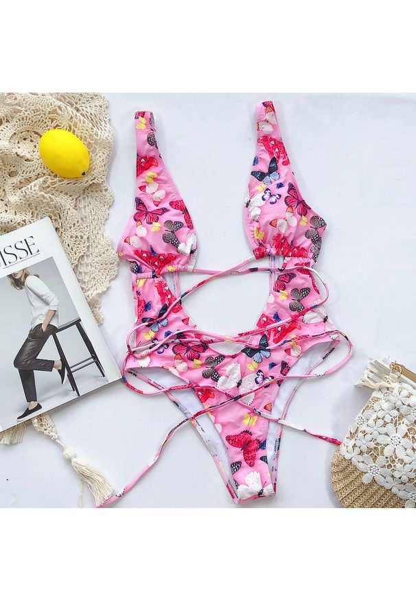 Intica - Jednoczęściowy strój kąpielowy z wycięciami na plażę i basen Rhonda. Kolor: różowy. Materiał: materiał