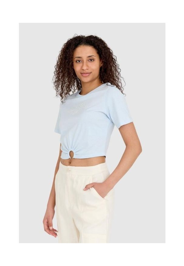 Guess - GUESS Niebieski t-shirt damski cropped fit piercing, Rozmiar M. Kolor: niebieski. Materiał: bawełna