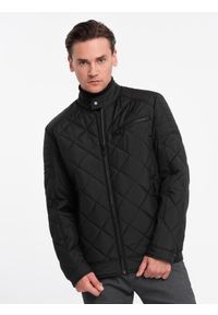 Ombre Clothing - Ocieplana kurtka męska BIKER pikowana we wzór karo - czarna V1 - Rozmiar: XL. Typ kołnierza: dekolt w karo. Kolor: czarny. Materiał: nylon, poliester, materiał