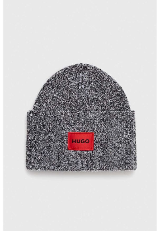 Hugo - HUGO czapka wełniana kolor szary z cienkiej dzianiny wełniana. Kolor: szary. Materiał: wełna, dzianina