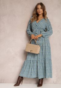 Renee - Miętowo-Niebieska Sukienka z Kopertowym Dekoltem i Falbaną na Dole Ive. Kolor: niebieski. Materiał: tkanina. Typ sukienki: kopertowe #3