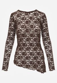 Renee - Brązowa Bluzka z Koronki o Asymetrycznym Kroju Kortesta. Kolor: brązowy. Materiał: koronka. Wzór: koronka #7