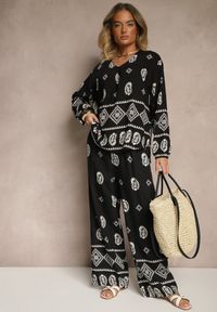 Renee - Czarny Komplet w Stylu Etno Spodnie z Gumką w Pasie i Bluzka Oversize Eviralyn. Kolor: czarny #3