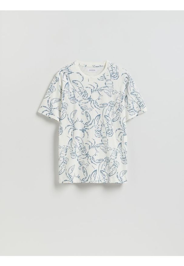 Reserved - T-shirt regular z nadrukiem allover - złamana biel. Materiał: bawełna, dzianina. Wzór: nadruk