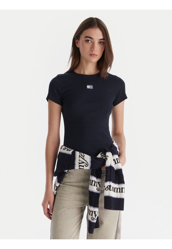 Tommy Jeans T-Shirt Badge DW0DW17881 Granatowy Slim Fit. Kolor: niebieski. Materiał: bawełna