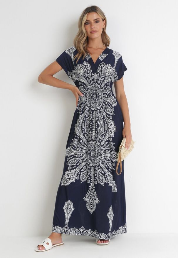 Born2be - Granatowa Sukienka Khryseis. Typ kołnierza: dekolt gorset. Kolor: niebieski. Materiał: materiał. Wzór: kwiaty. Typ sukienki: gorsetowe. Długość: mini