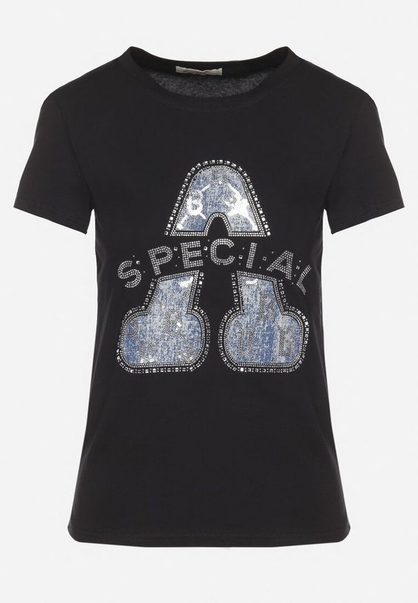 Born2be - Czarny Bawełniany T-shirt Ozdobiony Napisem i Cyrkoniami Isnorea. Okazja: na co dzień. Kolor: czarny. Materiał: bawełna. Wzór: napisy, aplikacja. Styl: glamour, casual