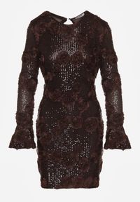 Born2be - Brązowa Cekinowa Sukienka z Kwiatami 3D Naweda. Okazja: na spotkanie biznesowe. Kolor: brązowy. Materiał: poliester, jeans. Wzór: kwiaty. Styl: biznesowy #2