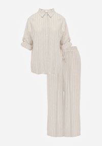 Born2be - Jasnobeżowy Wiskozowo-Lniany Komplet w Paski Koszula i Szerokie Spodnie Terasea. Kolor: beżowy. Materiał: wiskoza, len. Wzór: paski #4